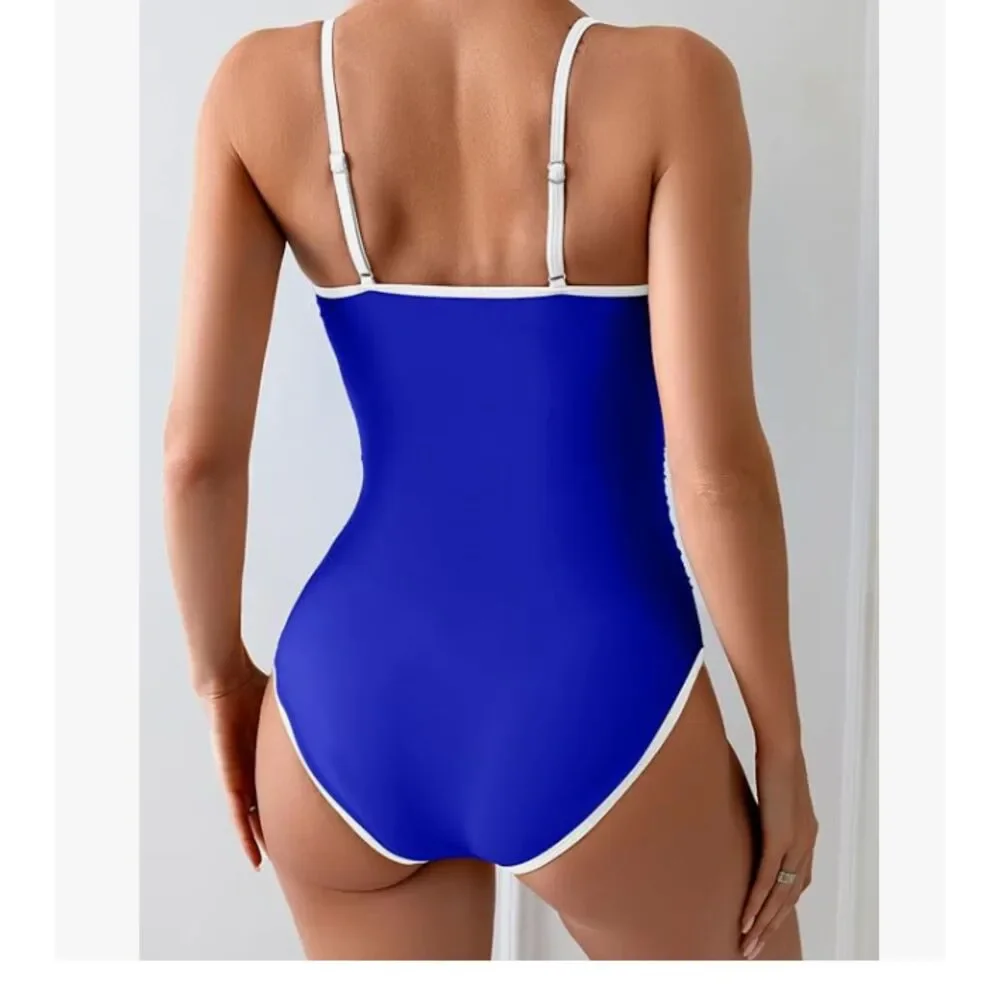 Eomenie Royal Blue One Piece Swimsuit White Trim Adjustable Straps Size Large - Picture 2 of 6